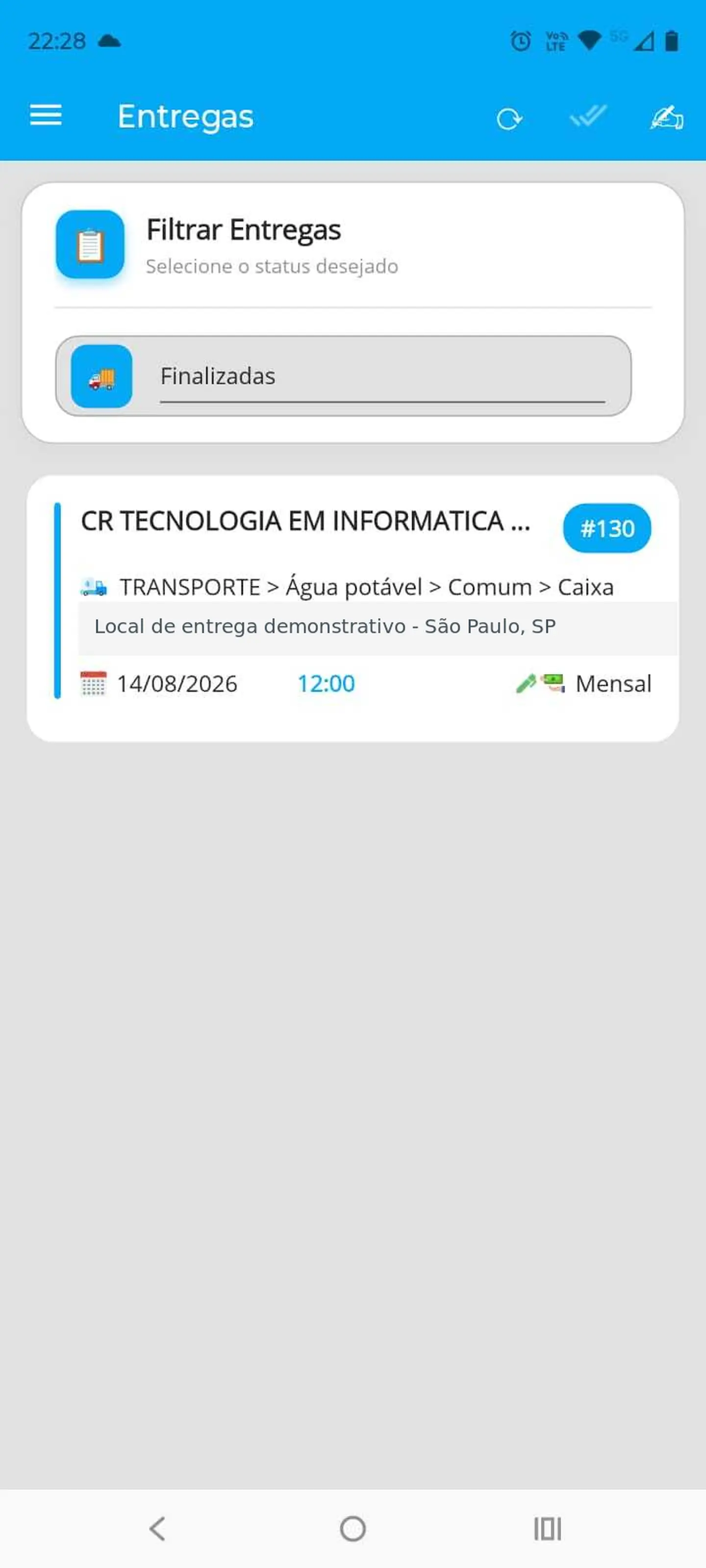 Lista de entregas no aplicativo WaterTruck com dados demonstrativos